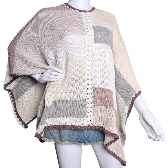 Handmade reversible knit shrug poncho in neutral colors with crochet trim - Picture 1 of 6